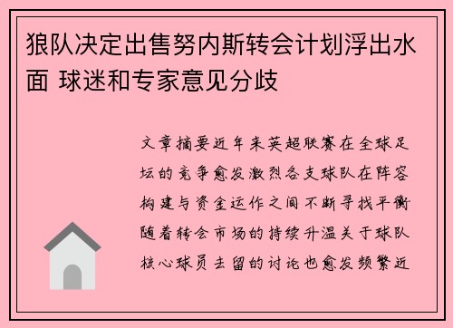 狼队决定出售努内斯转会计划浮出水面 球迷和专家意见分歧